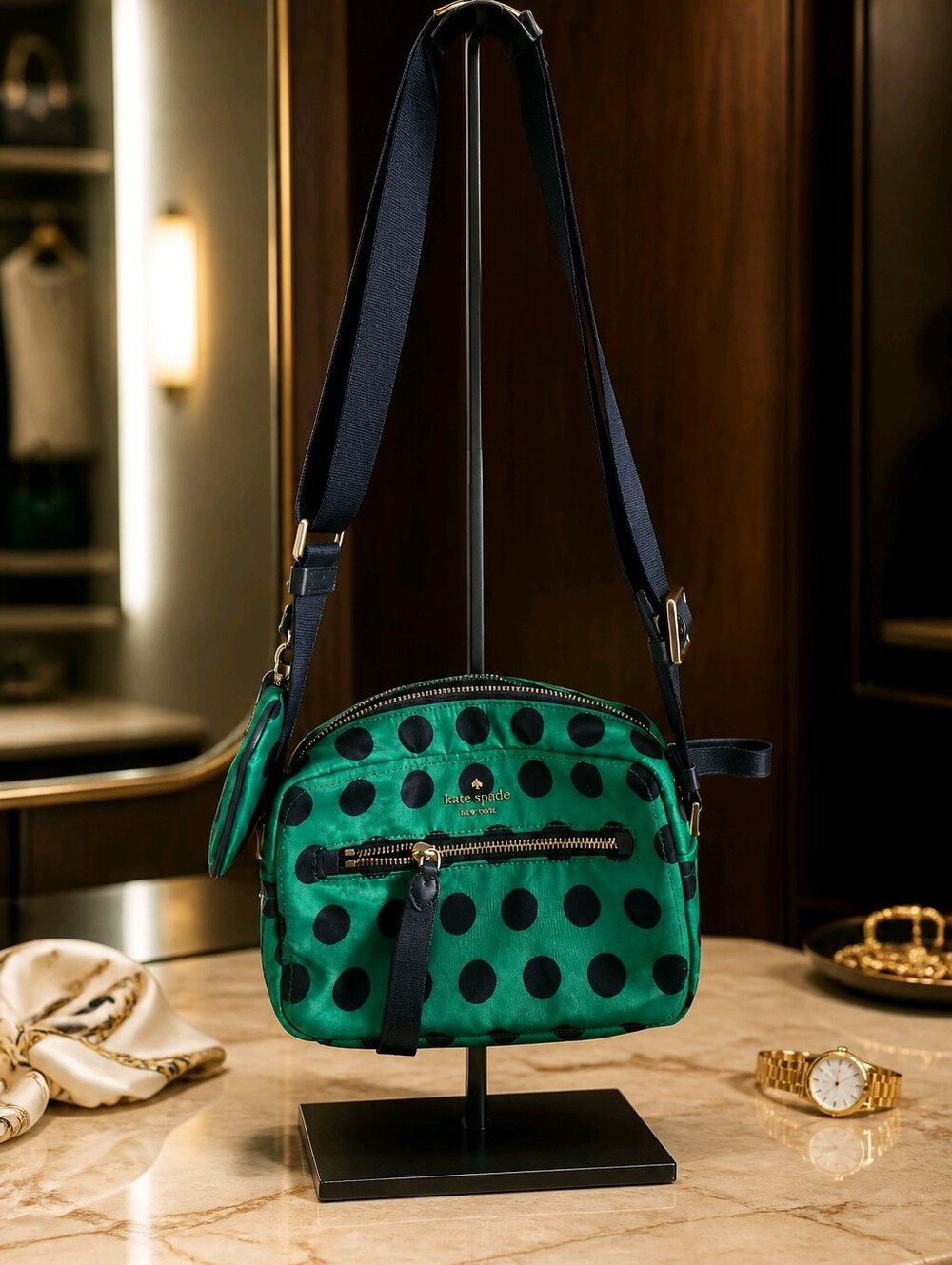kate spade green and black polka dot crossbody bag